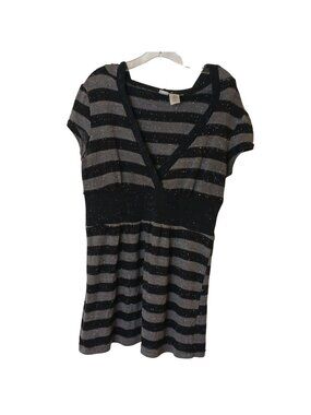 Route Striped Sweater Sz Large Black Gray W/Metallic Hoodie Short Sleeve #D-36